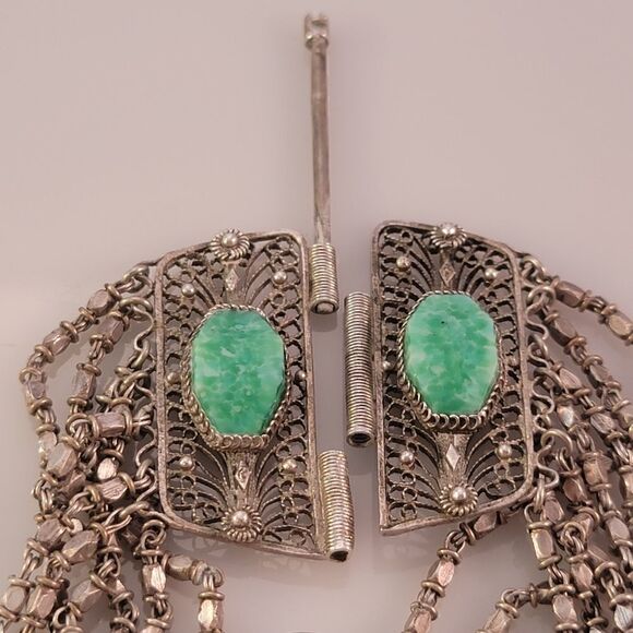 Vintage Silver Middle Eastern Filligree Green Stone Strand Bracelet - Picture 5 of 7